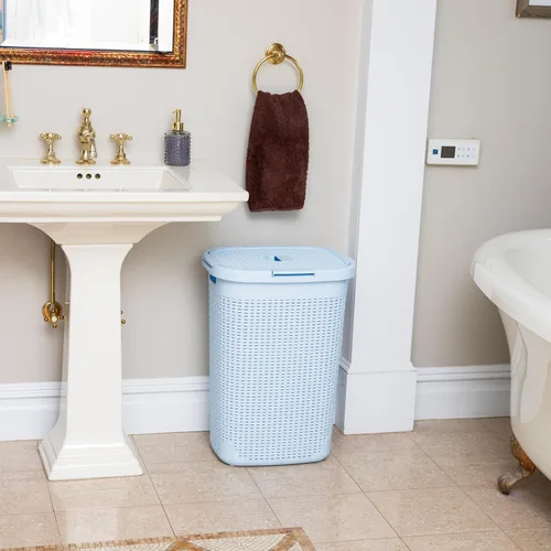 Miniatura 6 de Mind Reader Cesta de lavandería delgada con tapa, cesta de ropa de 60 L, diseño de mimbre premium, plástico, azul bebé