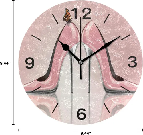 Miniatura 7 de ALAZA Reloj de pared redondo acrílico para decoración del hogar, diseño de mariposa, de tacón alto, color rosa, 9.84 pulgadas, sin tictac, para sala