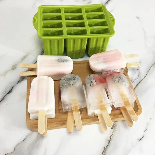 Miniatura 8 de Moldes de paletas reutilizables de 12 cavidades, helado de silicona con tapas y 50 palos de madera, suministros de cocina para paletas de bricolaje