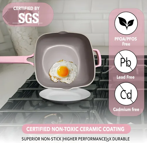 Miniatura 2 de Sartén antiadherente cuadrada de cerámica de 11 pulgadas con tapa y cesta de vapor, sartén profunda, aluminio fundido no tóxico sin PFAS, compatible
