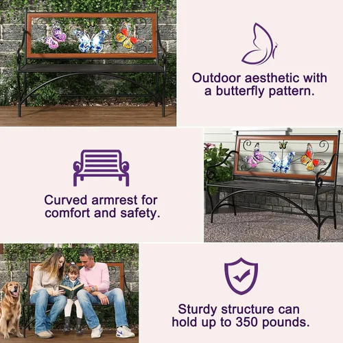Miniatura 4 de Banco para exteriores de 39.7 pulgadas, banco de jardín, banco de patio con reposabrazos, asiento de listones y respaldo con patrón de mariposa