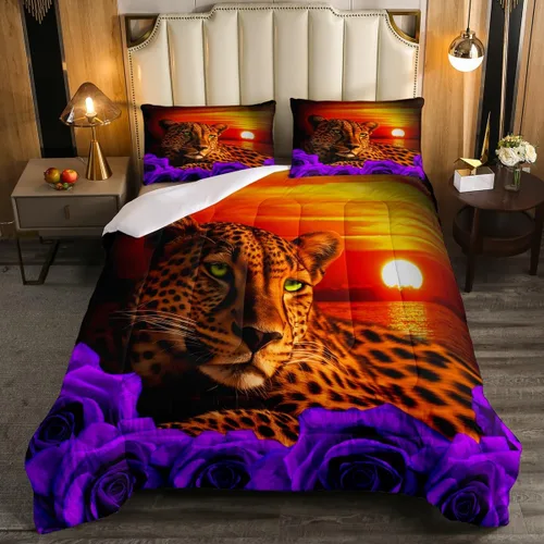 Miniatura 37 de Erosebridal Juego de ropa de cama de guepardo con rosa azul, juego de edredón con estampado de leopardo y gato, edredón romántico de plumón