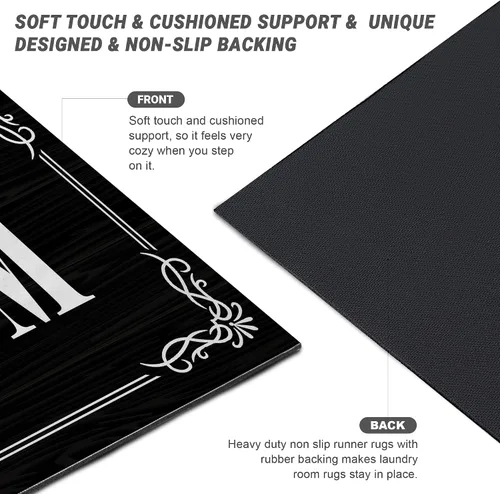 Miniatura 6 de Alfombra antideslizante para lavandería, decoración de lavandería, alfombra lavable para lavandería, baño, vestíbulo, cocina, 17 x 47 pulgadas, Negro
