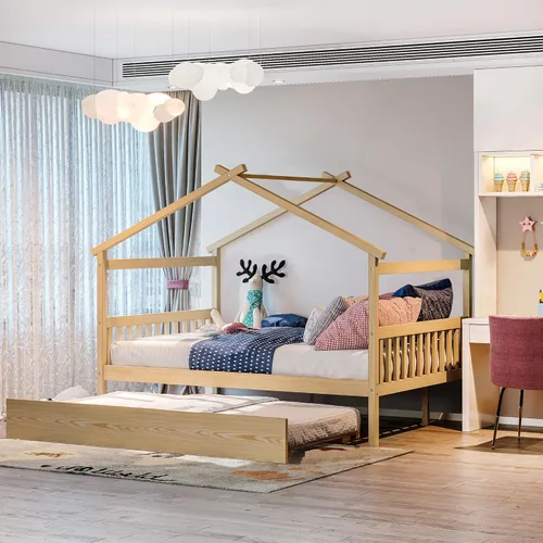 Miniatura 16 de JIVOIT Cama de plataforma de madera con dos cajones, cama de casa tamaño individual con diseño de techo, patas de pino macizo, cabecera y estribo