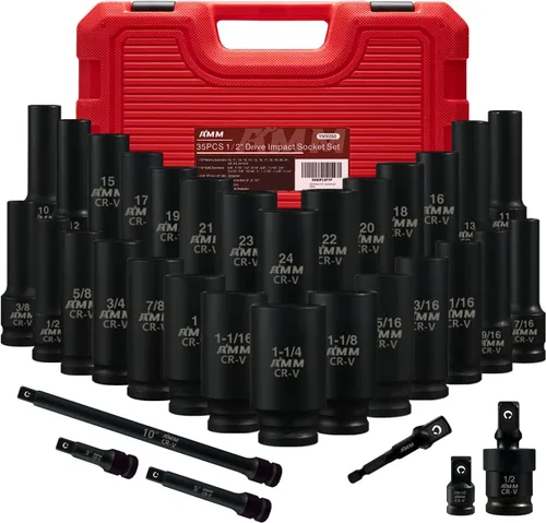 AMM Juego de llaves de estrías de impacto con guía de 1/2 pulgada, 35 piezas, tamaños SAE 3/8 a 1-1/4 pulgadas y métrico 10-24 mm, incluye barras de