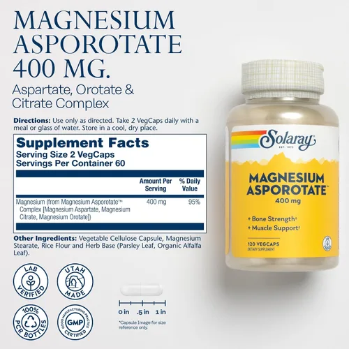 Miniatura 2 de Solaray Asporotato de magnesio 400 mg, aspartato, orotato y citrato complejo, corazón saludable, músculo, nervio y función circulatoria apoyo 180ct