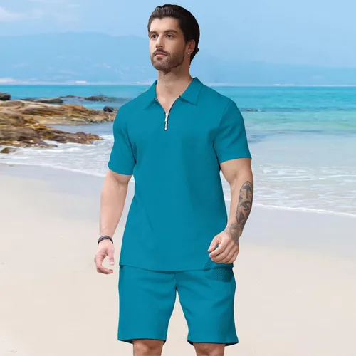 Miniatura 4 de Aulemen Conjunto deportivo de 2 piezas con cremallera para hombre, manga corta, camiseta polo y pantalones cortos, conjuntos de verano para hombre