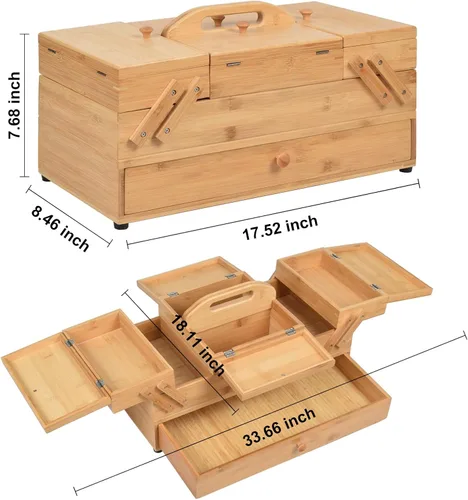 Miniatura 2 de Caja Organizadora de Costura de Madera para Suministros de Costura, Caja de Almacenamiento para Pasatiempos de Costura y Manualidades, 3 Niveles