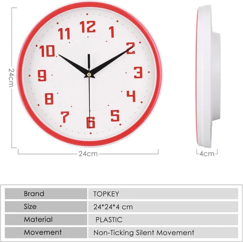 Miniatura 5 de Topkey Reloj de pared redondo silencioso para cocina, estilo moderno, sin tictac, decorativo, dormitorio, oficina, estudio, cocina, reloj de pared