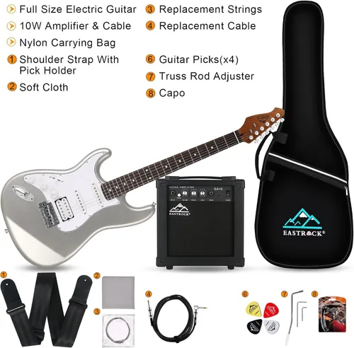 Miniatura 2 de EASTROCK Kit de guitarra eléctrica de tamaño completo de 39 pulgadas para principiantes con amplificador de 10 W, bolsa, cejilla, correa