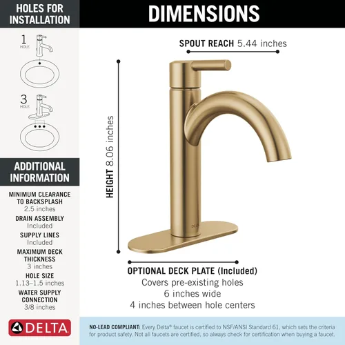 Miniatura 5 de Delta Nicoli - Grifo de baño de oro cepillado de 1 agujero, llave de fregadero de baño de un solo agujero para tocador, conjunto de desagüe