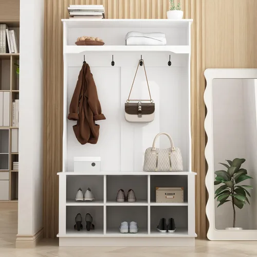 Miniatura 8 de Homsee Moderno árbol de pasillo con banco de almacenamiento, banco de entrada 4 en 1 con perchero, árbol de pasillo alto con 4 ganchos de metal