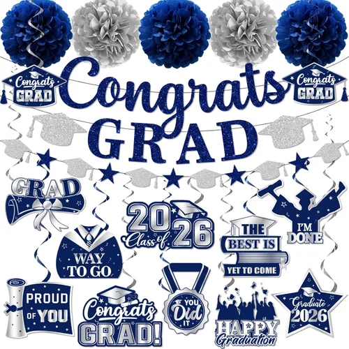 Miniatura 6 de Decoraciones de graduación 2026, pancarta de felicitaciones con purpurina, espirales colgantes y pompones de tela, decoraciones de graduación negras