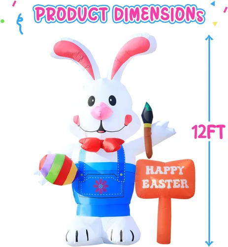 Miniatura 4 de Enorme Decoración Inflable de Pascua de 12 Pies de Alto Conejito de Pie Sosteniendo Huevo y Pincel, Luces LED Incorporadas Decoración Inflable