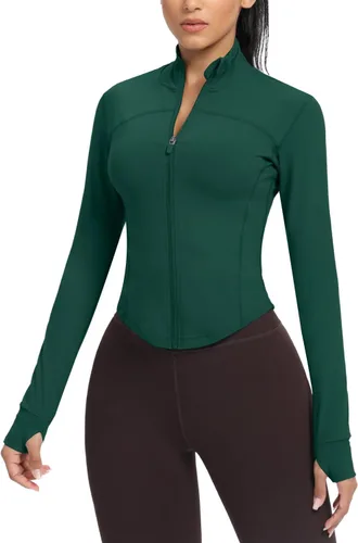 Miniatura 29 de AVGO Chaquetas de entrenamiento recortadas para mujer, con cremallera, ajustadas, atléticas, con agujeros para el pulgar