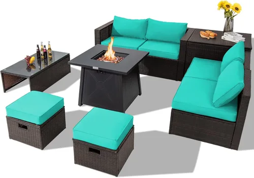 Miniatura 12 de Tangkula Juego de muebles de patio de 9 piezas con mesa para fogata de propano de 30 pulgadas, juego de sofá modular de mimbre de polietileno