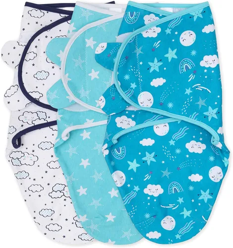 The Peanutshell Juego de manta para bebé para niños o niñas, unisex, paquete de 3, nube y estrellas (mediano/grande | 3-6 meses), Azul, verde azulado