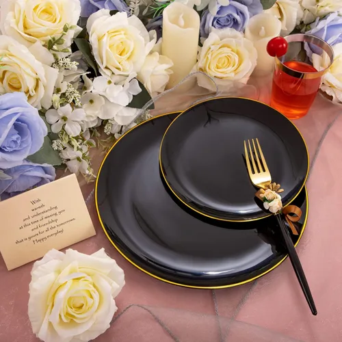 Miniatura 4 de LIYH - Juego de vajilla de plástico negro de 180 piezas con cubiertos dorados, platos de plástico negro, desechables, resistentes, juego