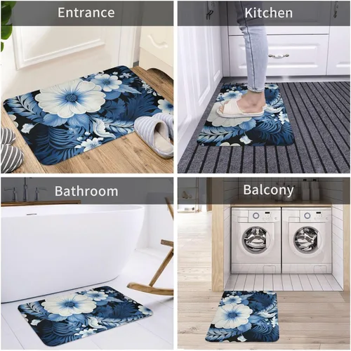 Miniatura 5 de Tapete para puerta delantera, tapete de bienvenida con estampado floral azul y blanco, absorbente, antideslizante, tapete de entrada suave, alfombra