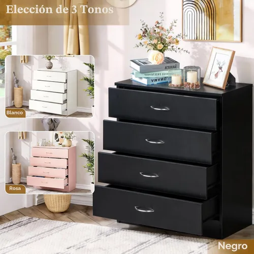 Miniatura 6 de Karl home Cómoda negra de 4 cajones para dormitorio, cómoda moderna de almacenamiento con cajones, mesa auxiliar de madera, mesa de noche, sala