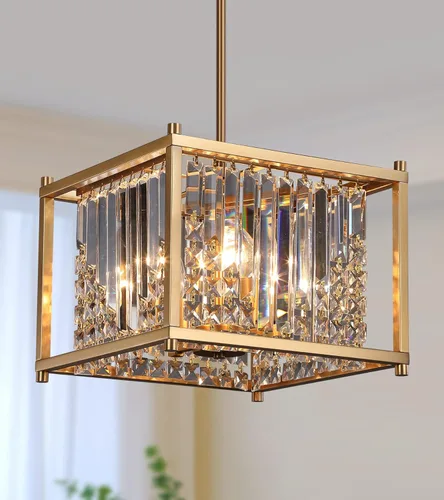 Q&S Candelabro de oro, moderno candelabro industrial de cristal cuadrado dorado con 4 luces colgantes para comedor, pasillo, entrada, isla de