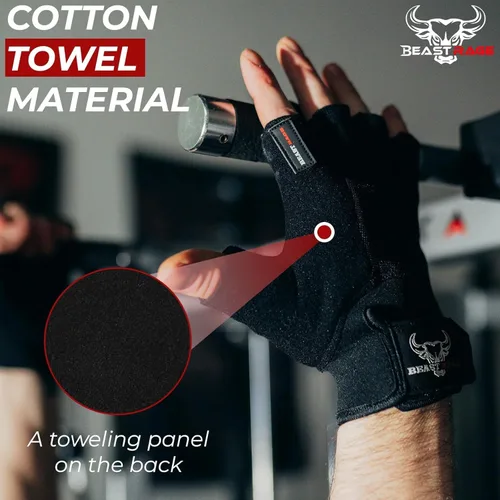 Miniatura 3 de BEAST RAGE Guantes de entrenamiento para hombres, guantes de gimnasio duraderos con agarre de palma para mujeres, medio dedo, elástico, Negro
