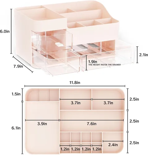 Miniatura 2 de SuoXing Organizador de maquillaje rosa para tocador, grandes organizadores de plástico para el cuidado de la piel con cajones, organizador