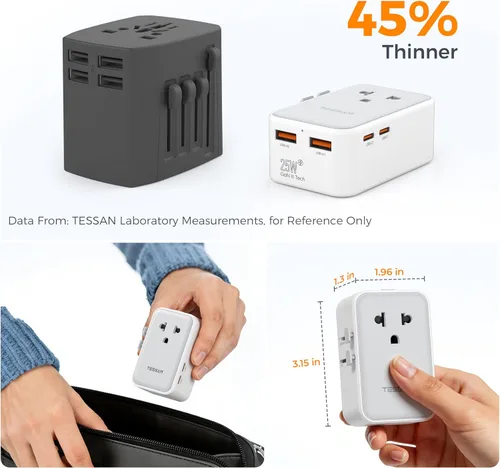 Miniatura 5 de TESSAN Adaptador de viaje universal PD 25W, adaptador de corriente internacional ultrafino, cargador rápido, adaptador de enchufe mundial con 2 USB