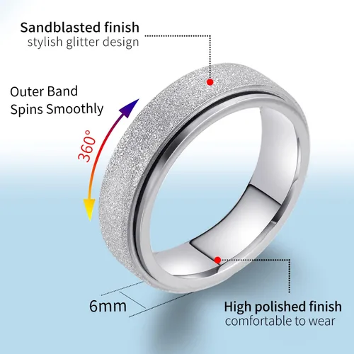 Miniatura 2 de LAOYOU Anillo giratorio para aliviar la ansiedad y la ansiedad para mujer, acero inoxidable de 0.236 pulgadas, con purpurina, para aliviar
