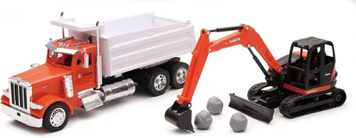 Peterbilt Camión volquete naranja y blanco y Kubota KX080-4 Excavadora naranja y negro con rocas 1/32 modelo fundido a presión por New Ray