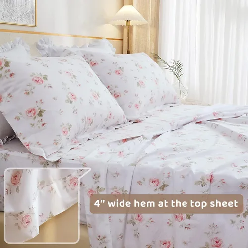 Miniatura 6 de QSH Juego de sábanas florales tamaño Queen - Vintage chic desgastado, flores de rosa, 100% algodón, ropa de cama estampada, sábanas tamaño Queen