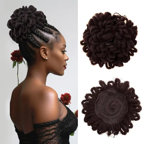Miniatura 30 de DreadLocks Chignons Afro High Puff Cola de Caballo con Cordón Moño de Cabello Postizos Faux Locs Chignons con Clip Cola de Caballo para Mujeres