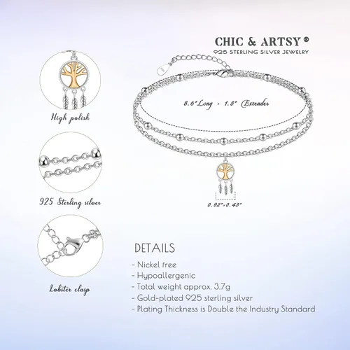 Miniatura 44 de CHIC & ARTSY Tobilleras delicadas de plata de ley S925 para verano, pulsera de tobillo ajustable multicapa para playa, joyería de pie para mujer
