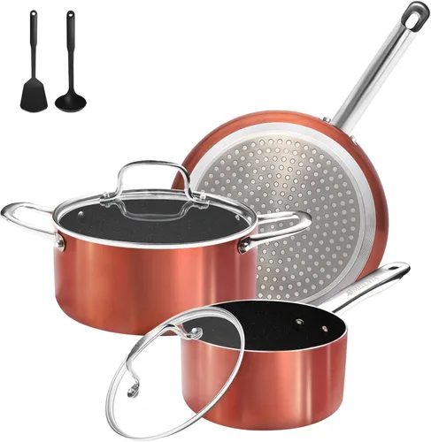 M MELENTA Juego de ollas y sartenes antiadherentes, juego de utensilios de cocina de cerámica de 7 piezas, juegos de utensilios de cocina de Cobre