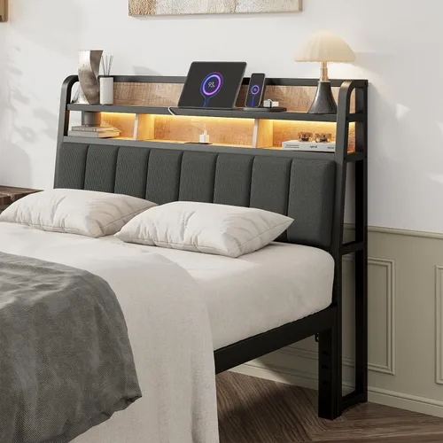 Cabecera completa solo con almacenamiento, cabeceros tapizados para cama de tamaño matrimonial con luz LED, estación de carga, altura ajustable,