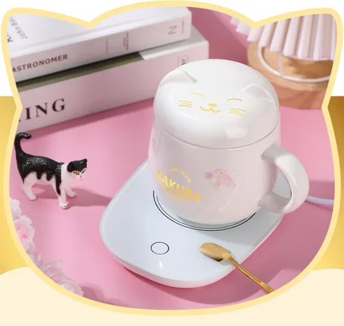 Miniatura 6 de Honeydak Juego de tazas de café, calentador de tazas de gato lindo para mujeres, calentadores de café con calefacción para mamá, oficina en casa