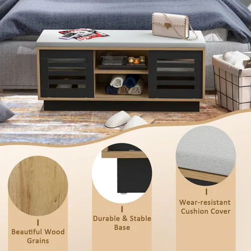Miniatura 8 de Giantex Banco de almacenamiento de zapatos de entrada, zapatero con cojín de asiento y 6 compartimentos de almacenamiento, 2 puertas correderas y 3