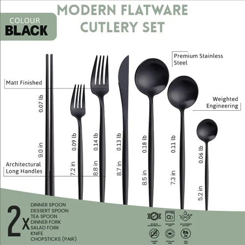 Miniatura 2 de KiiZYs Juego de cubiertos negro mate – Juego de cubiertos modernos de 14 piezas de acero inoxidable – Palillos de metal para cocina, tenedor