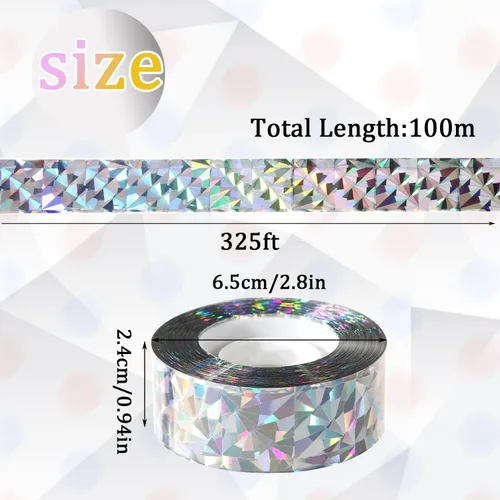 Miniatura 2 de Cinta reflectante de 328 pies, cinta de miedo de pájaros, cinta holográfica reflectante de doble cara, mantiene alejados a los pájaros carpinteros
