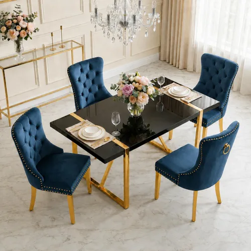 Miniatura 8 de Juego de mesa de comedor negra para 4, parte superior negra brillante de 55 pulgadas con patas de metal dorado, juego de mesa de comedor moderno