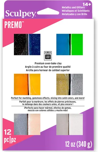 Sculpey Premo: Multipack - Metálicos + Brillos - 12 colores, barras de 1 oz, paquete de muestreo, no tóxico, proyectos de modelo de escultura,