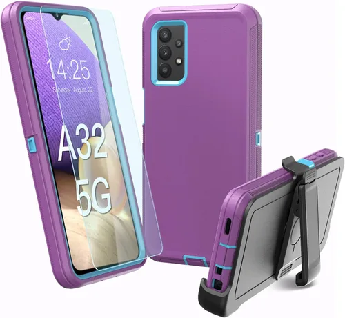 Funda resistente para Galaxy A32 5G, no compatible con 4G, con clip, a prueba de golpes, a prueba de caídas, polvo, morado y azul cielo