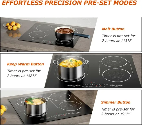 Miniatura 2 de Cocina de inducción de 24 pulgadas de 4 quemadores, encimera plana de vidrio eléctrico con Bridge-SYNC, 3 modos preestablecidos de refuerzo