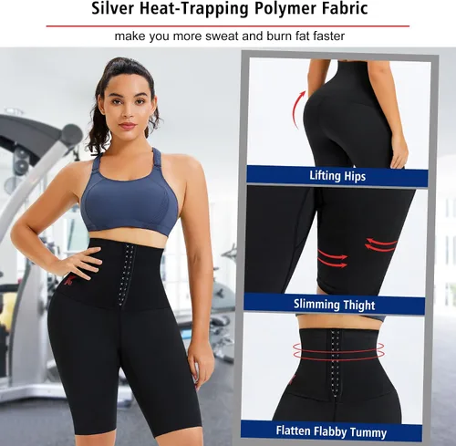 Miniatura 4 de KUMAYES - Pantalones de sauna para mujer con cintura alta, pantalones cortos adelgazantes de compresión térmica para entrenamiento, ejercicio