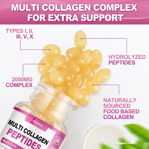 Miniatura 7 de Colágeno hidrolizado para mujeres, péptidos de colágeno múltiple, cápsulas blandas complejas, 2000 mg, suplemento de colágeno tipo I II III V X