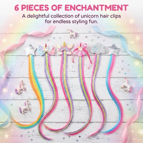 Miniatura 8 de Little World Pinzas para el cabello para niñas, 6 extensiones de cabello arcoíris, pinzas de pelo de unicornio para niñas y niños pequeños, colas