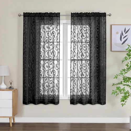 Miniatura 24 de OWENIE Furman - Juego de 2 paneles de cortinas traslúcidas negras de 24 pulgadas de largo, cortinas semitransparentes de jacquard ligeras y aireadas