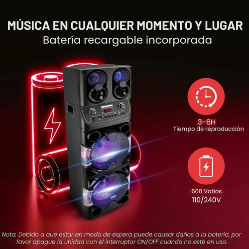 Miniatura 5 de Pyle Altavoz portátil Bluetooth PA - Sistema de audio de karaoke BT de 600W dual de 10" recargable para interiores/exteriores - Pantalla LED