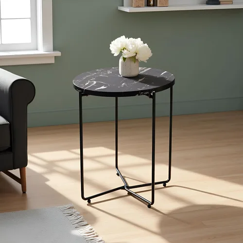 Miniatura 2 de Mesa auxiliar redonda de metal con parte superior de mármol natural, moderna mesa de centro pequeña para sala de estar, dormitorio, espacio pequeño