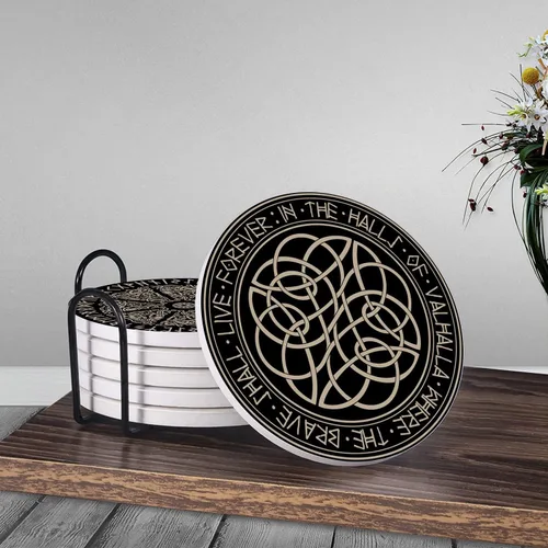 Miniatura 3 de HUXJOKO Juego de 6 posavasos para bebidas, posavasos de cerámica absorbente mágica vikinga negra, alfombrilla redonda de piedra, con base de corcho